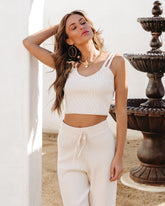 Effortlessly Chic Ribbed Drawstring Wide Leg Pants - Cream